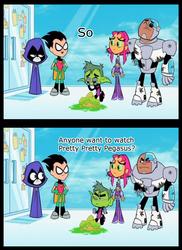 Size: 1217x1668 | Tagged: safe, barely pony related, beast boy, brony, clothes, cyborg (dc comics), midriff, pony reference, pretty pretty pegasus, raven (dc comics), reference, robin, skirt, starfire, teen titans go