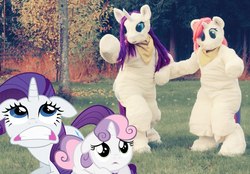 Size: 822x572 | Tagged: safe, rarity, sweetie belle, g4, cosplay, costume, do not want, furry, fursuit, irl, photo, scared