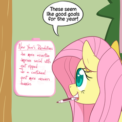 Size: 1000x1000 | Tagged: safe, artist:ponett, fluttershy, pegasus, pony, g4, ask, dialogue, female, mare, marker, mouth hold, new year's resolution, smiling, solo, speech bubble, teeth, text, whiteboard
