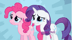 Size: 516x285 | Tagged: dead source, safe, screencap, pinkie pie, rarity, earth pony, pony, unicorn, g4, putting your hoof down, season 2, all new, animated, blue eyes, crying, duo, duo female, ears back, eye shimmer, female, gif, gritted teeth, horn, hub logo, lip bite, mare, nose wrinkle, pink mane, pink tail, sad, tail, text, wavy mouth