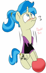 Size: 431x676 | Tagged: safe, artist:dambitail, allie way, pony, unicorn, g4, 30 minute art challenge, bipedal, blushing, bowling ball, female, mare, solo, tail wrap