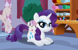 Size: 9626x6228 | Tagged: safe, artist:drawponies, rarity, sweetie belle, g4, absurd resolution, carousel boutique, cute, duo, eyes closed, happy, mannequin, open mouth, prone, sisters, smiling