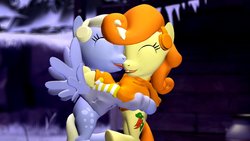 Size: 1192x670 | Tagged: safe, artist:legoguy9875, carrot top, derpy hooves, golden harvest, pegasus, pony, g4, 3d, female, gmod, lesbian, licking, mare, ship:derpytop, shipping, winter