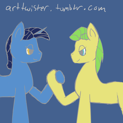 Size: 1024x1024 | Tagged: dead source, safe, artist:aqwara, mosely orange, night light, uncle orange, earth pony, pony, unicorn, g4, 30 minute art challenge, arm wrestling, blue background, duo, male, simple background, stallion