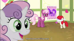 Size: 855x471 | Tagged: safe, screencap, cheerilee, sweetie belle, twist, g4, hearts and hooves day (episode), hearts and hooves day, meme, pin the heart on the pony, ponyville schoolhouse, youtube caption