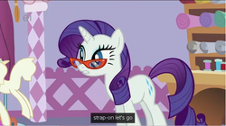 Size: 641x359 | Tagged: safe, screencap, rarity, g4, bend over, carousel boutique, glasses, rarity's glasses, solo, youtube caption