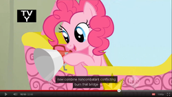 Size: 854x483 | Tagged: safe, screencap, pinkie pie, fall weather friends, g4, hot air balloon, megaphone, youtube, youtube caption