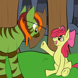 Size: 2975x2975 | Tagged: safe, artist:magnificent-arsehole, apple bloom, oc, oc only, earth pony, pony, zebra, g4, forest, playing, simple background
