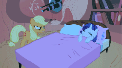 Size: 640x360 | Tagged: safe, screencap, applejack, rarity, earth pony, pony, unicorn, g4, look before you sleep, animated, bed, book, bookshelf, duo, female, golden oaks library, jumping, mare, pillow