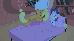 Size: 800x450 | Tagged: safe, edit, edited screencap, screencap, applejack, rarity, g4, look before you sleep, animated, bed, bouncing, duo, female, golden oaks library