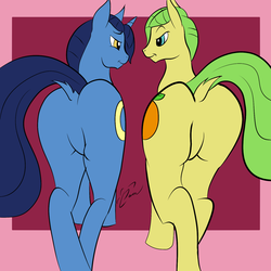 Size: 1400x1400 | Tagged: safe, artist:magnificent-arsehole, night light, uncle orange, pony, unicorn, g4, butt, colored, duo, duo male, featureless crotch, gay, male, plot, plot pair, stallion