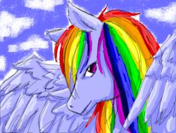 Size: 800x600 | Tagged: safe, artist:bunnyb133, rainbow dash, pegasus, pony, g4, bust, cloud, female, mare, sky, smiling, solo, spread wings, wings