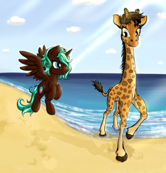 Size: 1579x1646 | Tagged: safe, artist:equie, oc, oc only, oc:equie, alicorn, giraffe, pony, alicorn oc, beach