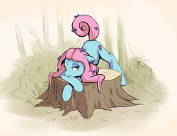 Size: 750x578 | Tagged: dead source, safe, artist:jalm, idw, may flowers, earth pony, pony, bedroom eyes, coat markings, face down ass up, facial markings, female, forest, hippie, lidded eyes, mare, presenting, raised tail, solo, star (coat marking), tree, tree stump