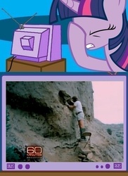 Size: 562x771 | Tagged: safe, twilight sparkle, dinosaur, human, tyrannosaurus rex, g4, 60 minutes, chair, cliff, exploitable meme, facehoof, fail, fossil, meme, paleontology, safety, tv meme