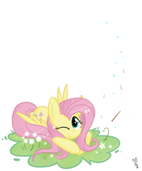 Size: 2500x3000 | Tagged: safe, artist:meekcheep, fluttershy, pegasus, pony, g4, cute, dandelion, female, mare, wink