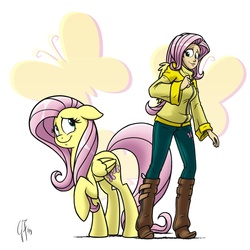 Size: 1000x1000 | Tagged: safe, artist:glancojusticar, fluttershy, human, g4, clothes, cutie mark background, duo, duo female, female, human ponidox, humanized, looking at each other, raised hoof, smiling, solo, sweater, sweatershy, winged humanization