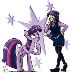 Size: 1000x1000 | Tagged: safe, artist:glancojusticar, twilight sparkle, human, pony, unicorn, g4, clothes, elf ears, female, human ponidox, humanized, looking at each other, mare, necktie, skirt, smiling, sweater vest, unicorns as elves