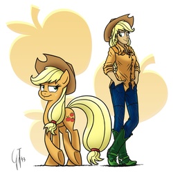 Size: 1000x1000 | Tagged: safe, artist:glancojusticar, applejack, earth pony, human, pony, g4, applejack's hat, boots, clothes, female, hat, human ponidox, humanized, mare, shoes