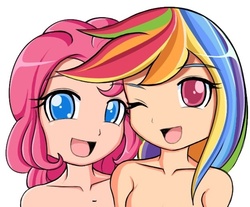 Size: 625x518 | Tagged: safe, artist:angriestangryartist, pinkie pie, rainbow dash, human, g4, artistic nudity, casual nudity, colored pupils, duo, female, humanized, lesbian, looking at you, nudity, ship:pinkiedash, shipping, simple background, white background