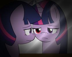 Size: 500x400 | Tagged: safe, artist:lamia, twilight sparkle, g4, duality, heterochromia, mirror, sad