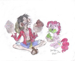 Size: 1538x1262 | Tagged: safe, artist:semijuggalo, pinkie pie, earth pony, pony, g4, crossover, cupcake, duo, monkey d. luffy, one piece, traditional art