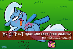 Size: 600x400 | Tagged: safe, artist:catfood-mcfly, trixie, insect, pony, unicorn, mylittleheadcanon, g4, ants, crack shipping, female, food, jelly, solo, trixants, wat