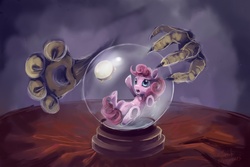 Size: 3000x2000 | Tagged: safe, artist:foxtailpegasus, discord, pinkie pie, pony, friendship is witchcraft, g4, bottled character, crystal ball, in goliath's palm, micro, trapped