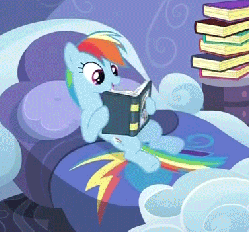 Size: 378x351 | Tagged: safe, screencap, rainbow dash, pegasus, pony, g4, read it and weep, season 2, ^^, animated, animation error, bed, blinking, book, cute, dashabetes, eyes closed, female, gif, hoof hold, hoofy-kicks, kicking, laughing, lying down, mare, missing wing, on back, pile of books, pillow, reading, solo, talking