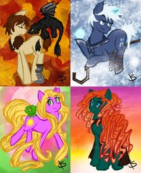 Size: 808x989 | Tagged: safe, artist:k8y411, chameleon, dragon, night fury, pony, brave (movie), crossover, disney, disney princess, dreamworks, hiccup horrendous the third, how to train your dragon, impossibly long hair, impossibly long tail, jack frost, long hair, long mane, long tail, merida, pascal, pixar, ponified, rapunzel, rise of the brave tangled dragons, rise of the guardians, rotg, tangled (disney), toothless the dragon