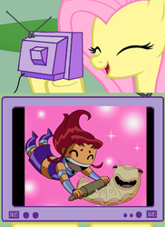 Size: 562x770 | Tagged: safe, fluttershy, g4, exploitable meme, midriff, silkie, starfire, teen titans, tv meme