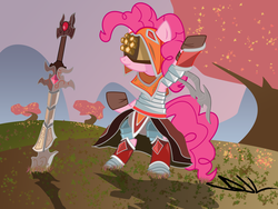 Size: 4000x3000 | Tagged: safe, artist:sintakhra, pinkie pie, pony, g4, armor, bipedal, crossover, female, league of legends, mask, master yi, smiling, solo, sword, weapon