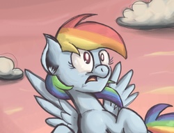 Size: 816x625 | Tagged: safe, artist:scrimpeh, rainbow dash, g4, bust, eyes open, solo, spread wings, wings