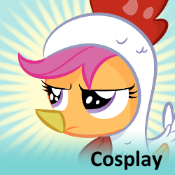 Size: 250x250 | Tagged: safe, artist:shadowdark3, scootaloo, chicken, pegasus, pony, g4, chicken suit, clothes, cosplay, cute, cutealoo, female, filly, foal, meta, scootachicken, scootaloo is not amused, spoilered image joke, unamused