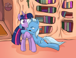 Size: 936x710 | Tagged: safe, artist:darkstarchan, trixie, twilight sparkle, pony, unicorn, g4, book, cropped, eyes closed, female, hug, lesbian, mare, raised leg, shelf, ship:twixie, shipping, smiling