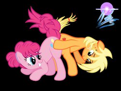 Size: 1032x774 | Tagged: safe, artist:nightmaremoons, applejack, pinkie pie, earth pony, pony, g4, alternate hairstyle, black background, butt bump, butt to butt, butt touch, duo, female, hoof on butt, mare, ship:applepie, shipping, show accurate, simple background