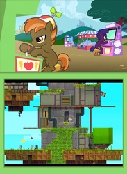 Size: 563x771 | Tagged: safe, apple bytes, archer (g4), button mash, scootablue, g4, arcade, colt, exploitable meme, female, fez(game), filly, foal, high score, high score plays, male, meme, platformer