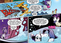 Size: 796x568 | Tagged: safe, idw, official comic, rarity, bee, chicken, earth pony, pony, unicorn, g4, spoiler:comic, spoiler:comicm03, bath, bathtub, butt, female, food, honey, honeycomb (structure), male, mare, plot, rearity, stallion, sting, sultry pose, swarm