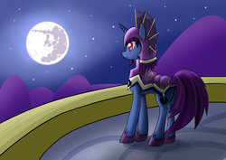 Size: 1063x752 | Tagged: safe, artist:roshichen, oc, pony, unicorn, armor, balcony, mare in the moon, moon, night, night guard, solo