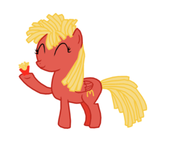 Size: 1694x1381 | Tagged: safe, artist:jousan, oc, oc only, oc:french fry, eyes closed, french fries, holding, mcdonald's, simple background, smiling, solo, transparent background, underhoof
