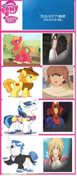 Size: 313x709 | Tagged: safe, big macintosh, braeburn, fancypants, shining armor, earth pony, pony, g4, asbel, ashitaka, comparison chart, howl, kiki's delivery service, laputa: castle in the sky, male, mr. osono, nausicaa of the valley of the wind, princess mononoke, stallion, studio ghibli