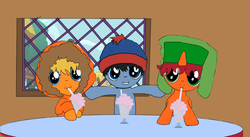 Size: 900x492 | Tagged: safe, artist:pyjamallamadoodles, hat, kenny mccormick, kyle broflovski, milkshake, ponified, south park, stan marsh, trio