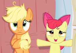 Size: 958x666 | Tagged: safe, screencap, apple bloom, applejack, earth pony, pony, apple family reunion, g4, bed, cropped, duo, female, filly, mare, on back, out of context, outofcontextmlp, pillow, sisters