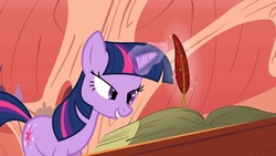 Size: 1280x720 | Tagged: safe, screencap, twilight sparkle, pony, unicorn, g4, look before you sleep, evil grin, fanfic, female, golden oaks library, grin, happy, lidded eyes, magic, out of context, pure unfiltered evil, quill, smiling, smirk, solo, telekinesis, twilight loves fanfiction, unicorn twilight, writing