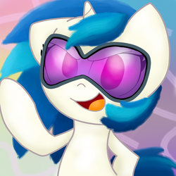 Size: 800x800 | Tagged: safe, artist:twithehedgehog, dj pon-3, vinyl scratch, g4, color, colored, colorful, cool, cute, female, floppy ears, goggles, happy, looking at you, musician, solo, vinylbetes