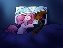 Size: 1019x784 | Tagged: safe, artist:maplesunrise, pinkie pie, oc, oc only, ask snuggle pie, g4, bed, eyes closed, floppy ears, hat, nightcap, sleeping, smiling