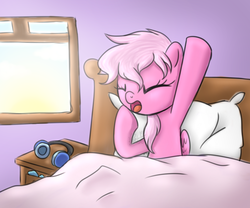Size: 900x750 | Tagged: safe, artist:maplesunrise, oc, oc only, oc:raspberry wings, morning ponies, solo, waking up