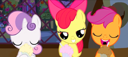 Size: 1366x610 | Tagged: safe, screencap, apple bloom, scootaloo, sweetie belle, g4, bedroom eyes, cutie mark crusaders, out of context