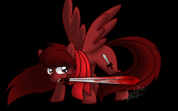 Size: 900x563 | Tagged: safe, artist:maplesunrise, oc, oc only, pegasus, pony, blood, mouth hold, solo, sword