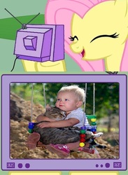 Size: 563x771 | Tagged: safe, fluttershy, cat, human, g4, baby, exploitable meme, happy, hug, human baby, irl, irl human, meme, photo, swing, tv meme